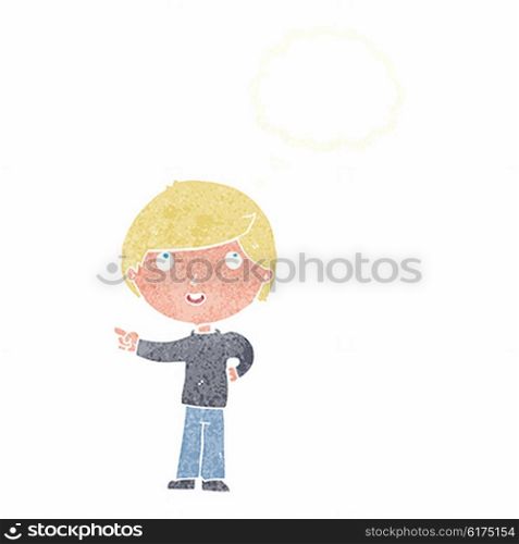 cartoon boy pointing with thought bubble