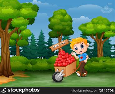 Cartoon boy pushing a pile of hearts in wood trolley for you
