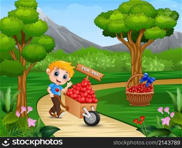 Cartoon boy pushing a pile of hearts in wood trolley on a park road