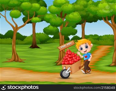 Cartoon boy pushing a pile of hearts in wood trolley on the garden path