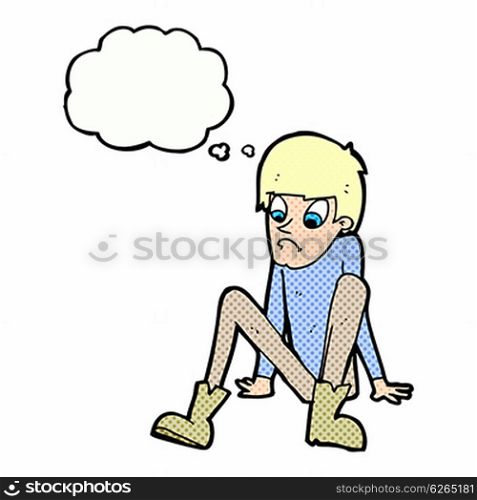 cartoon boy sitting on floor with thought bubble