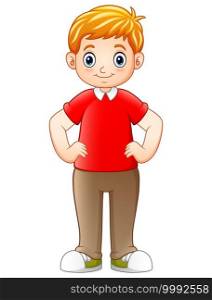 Cartoon boy standing and holding hands on hips