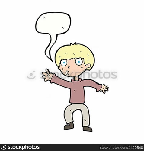 cartoon boy waving warning with speech bubble