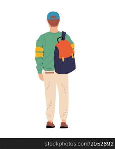 Cartoon boy with backpack. View from behind of standing person in casual clothing. Isolated waiting or walking young man. Teenager in cap watching forward. Male backside figure. Vector illustration. Cartoon boy with backpack. View from behind of standing person in casual clothing. Waiting or walking young man. Teenager watching forward. Male backside figure. Vector illustration