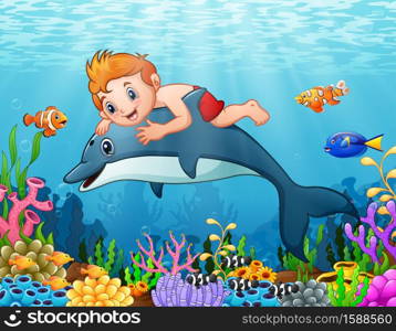 Cartoon boy with dolphin swimming