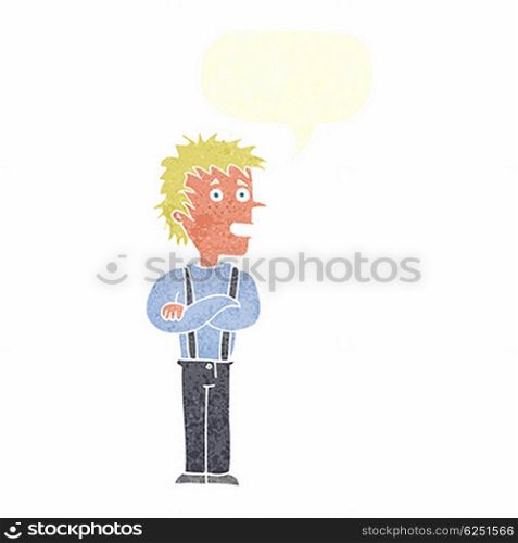 cartoon boy with folded arms with speech bubble