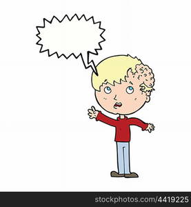 cartoon boy with growth on head with speech bubble