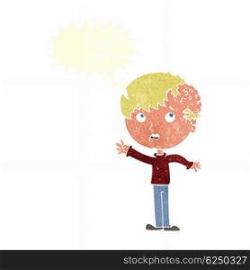 cartoon boy with growth on head with speech bubble