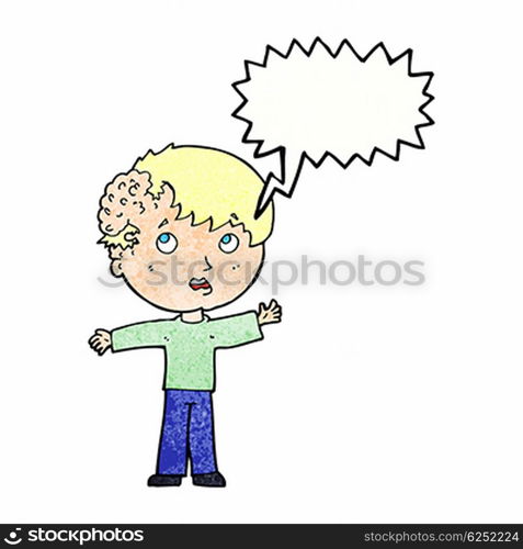 cartoon boy with growth on head with speech bubble