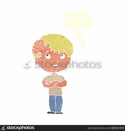 cartoon boy with growth on head with speech bubble