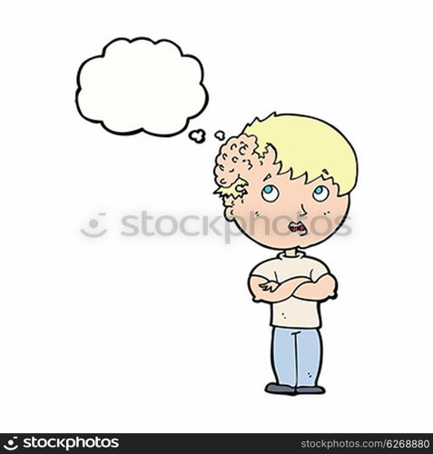 cartoon boy with growth on head with thought bubble