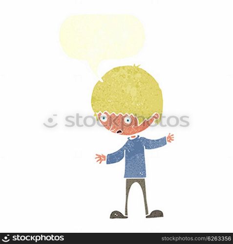 cartoon boy with outstretched arms with speech bubble