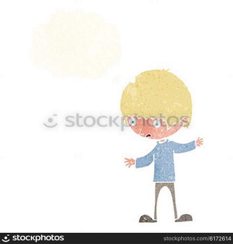cartoon boy with outstretched arms with thought bubble