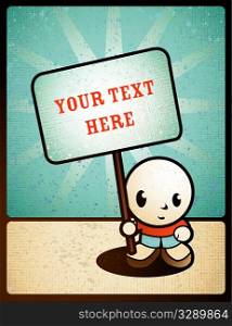 Cartoon boy with sign for text.