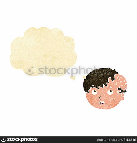 cartoon boy with ugly growth on head with thought bubble