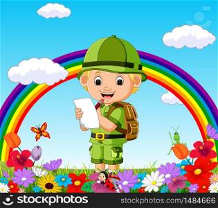 Cartoon boy writing in a flower garden with rainbow