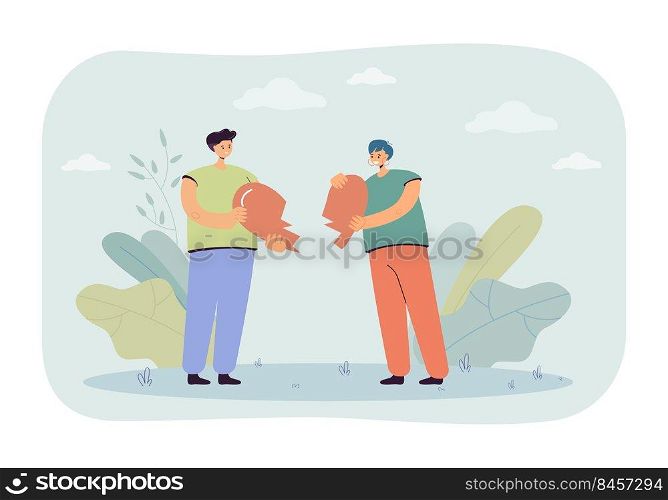 Cartoon boyfriend and girlfriend holding two halves of heart. Man and woman finding true love flat vector illustration. Romance, relationship concept for banner, website design or landing web page