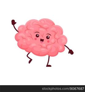 Cartoon brain human body organ character. Happy healthy vector personage with smiling face. Isolated marrow waving hand with gladness emotion. Anatomy medicine, funny positive friendly pericranium. Cartoon brain human body organ funny character