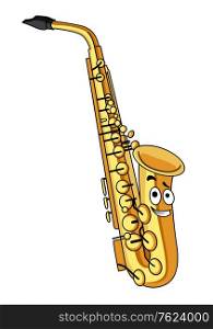 Cartoon brass saxophone with a smiling face for musical design isolated on white. Cartoon brass saxophone