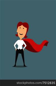 Cartoon brave businesswoman standing in hero red cape standing with hands on hips, for success or leadership concept design