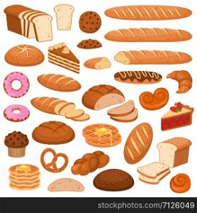 Cartoon bread and cakes. Bakery wheat products, rye breads. Baguette, pretzel and ciabatta, croissant and cupcake, waffles vector cream sweet foods set. Cartoon bread and cakes. Bakery wheat products, rye breads. Baguette, pretzel and ciabatta, croissant and cupcake, waffles vector set
