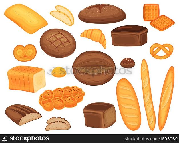 Cartoon bread, baguette, buns, pastry and bakery products. Fresh loaf of whole grain bread, croissant, pretzel, homemade pastries vector set. Tasty assortment for nutrient nutrition meal. Cartoon bread, baguette, buns, pastry and bakery products. Fresh loaf of whole grain bread, croissant, pretzel, homemade pastries vector set