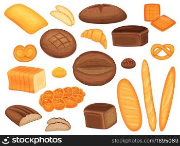 Cartoon bread, baguette, buns, pastry and bakery products. Fresh loaf of whole grain bread, croissant, pretzel, homemade pastries vector set. Tasty assortment for nutrient nutrition meal. Cartoon bread, baguette, buns, pastry and bakery products. Fresh loaf of whole grain bread, croissant, pretzel, homemade pastries vector set