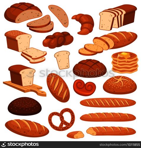 Cartoon bread. Bakery rye products, wheat and whole grain sliced bread. French baguette, croissant and bagel, toast vector menu loaf cereals variety buns pastry design. Cartoon bread. Bakery rye products, wheat and whole grain sliced bread. French baguette, croissant and bagel, toast vector menu design