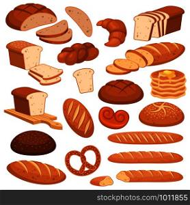 Cartoon bread. Bakery rye products, wheat and whole grain sliced bread. French baguette, croissant and bagel, toast vector menu loaf cereals variety buns pastry design. Cartoon bread. Bakery rye products, wheat and whole grain sliced bread. French baguette, croissant and bagel, toast vector menu design