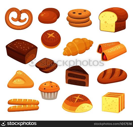 Cartoon bread icon. Breads and rolls. French roll baguette, breakfast toast and sweet cake slice, loaf and toast. Bakery pastry bread wheat products. Food vector isolated icons set. Cartoon bread icon. Breads and rolls. French roll, breakfast toast and sweet cake slice. Bakery products vector icons set