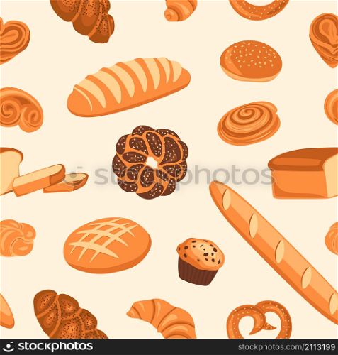 Cartoon bread pattern. Seamless print with wheat bread, pretzel, loaf, croissant , pancakes, cinnamon roll, French baguette. Vector texture engraved baked baking. Cartoon bread pattern. Seamless print with wheat bread, pretzel, loaf, croissant donut, pancakes, cinnamon roll, French baguette. Vector texture