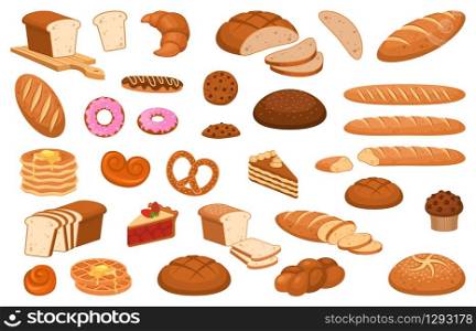 Cartoon bread. Various sweet breads and slices of bake roll or pastry, bakery product vector isolated cartoon set. Cartoon bread. Various sweet breads and slices of bake roll, bakery product vector isolated cartoon set