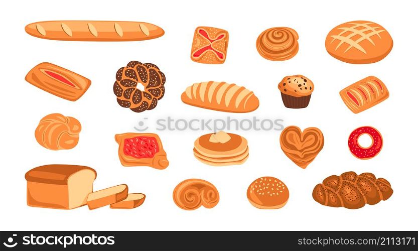 Cartoon bread. Wheat grain baked food, jam puff, loaf, baguette, bread, donut, sesame bun and sweet bread dessert. Vector isolated set baked pastries with crust. Cartoon bread. Wheat grain baked food, danish, jam puff, loaf, baguette, bread, donut, sesame bun and sweet bread dessert. Vector isolated set