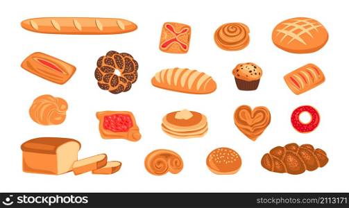Cartoon bread. Wheat grain baked food, jam puff, loaf, baguette, bread, donut, sesame bun and sweet bread dessert. Vector isolated set baked pastries with crust. Cartoon bread. Wheat grain baked food, danish, jam puff, loaf, baguette, bread, donut, sesame bun and sweet bread dessert. Vector isolated set
