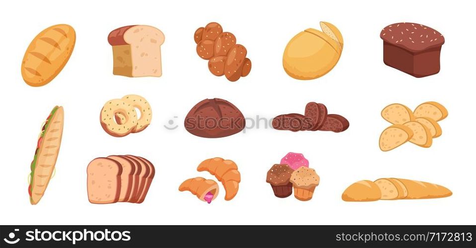 Cartoon bread. Wheat rye and buckwheat sliced and whole bread baguette croissant bagel, toast bread pita and ciabatta. Vector bakery set isolate on white. Cartoon bread. Wheat rye and buckwheat sliced and whole bread baguette croissant bagel, toast bread pita and ciabatta. Vector bakery set