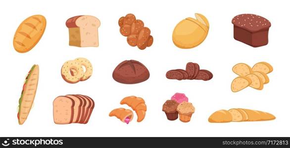 Cartoon bread. Wheat rye and buckwheat sliced and whole bread baguette croissant bagel, toast bread pita and ciabatta. Vector bakery set isolate on white. Cartoon bread. Wheat rye and buckwheat sliced and whole bread baguette croissant bagel, toast bread pita and ciabatta. Vector bakery set