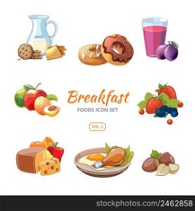 Cartoon breakfast food icons set. Biscuits and donuts, nuts and berries, vector illustration. Cartoon breakfast food vector icons set