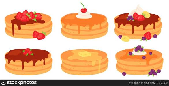 Cartoon breakfast pancake stacks with maple syrup and berry topping. Tasty pancakes with butter, chocolate, cream and strawberry vector set. Illustration of breakfast morning dessert, pancake homemade. Cartoon breakfast pancake stacks with maple syrup and berry toppings. Tasty pancakes with butter, chocolate, cream and strawberry vector set