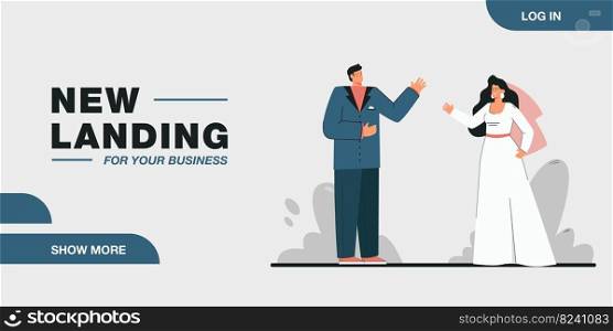 Cartoon bride and groom getting married. Man in tuxedo and woman in wedding dress flat vector illustration. Love, relationship, romance, marriage concept for banner, website design or landing web page