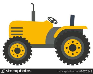 Cartoon bright yellow tractor combine harvester isolated on white. Agricultural machinery and equipment, large farming vehicle vector illustration. Yellow Tractor Combine Harvester Vector Image