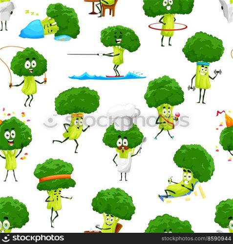 Cartoon broccoli vegetable characters seamless pattern, vector background. Funny broccoli in sport fitness and on vacations with hula hoop and gym barbell, celebrating or sleeping and cooking. Cartoon broccoli vegetable characters pattern