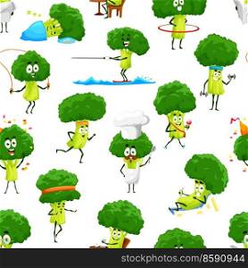 Cartoon broccoli vegetable characters seamless pattern, vector background. Funny broccoli in sport fitness and on vacations with hula hoop and gym barbell, celebrating or sleeping and cooking. Cartoon broccoli vegetable characters pattern