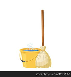 Cartoon broom with yellow plastic bucket . Vector illustration