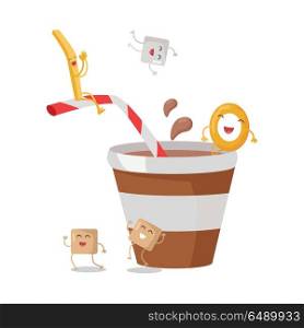 Cartoon Brown and White Stripe Soda or Juice Cup. Cartoon brown and white stripe soda or juice cup with happy funny sugar, donuts and stick characters. Tasty beverage for children. Refreshment drink. Childish menu. Fizzy drink. Vector in flat style.