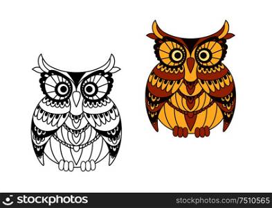 Cartoon brown and yellow owl bird with pattern of mottled feathers around eyes and wings, second variant with colorless outline variation. Funny brown owl with mottled feathers