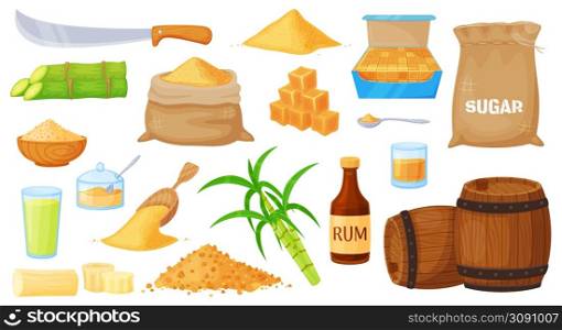 Cartoon brown cane sugar, sugarcane products manufacturing. Sugar cane plant harvest, heap and leaves, rum bottle and barrels vector set. Glasses and snifters with alcohol drink, green plant. Cartoon brown cane sugar, sugarcane products manufacturing. Sugar cane plant harvest, heap and leaves, rum bottle and barrels vector set