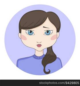 Cartoon brown haired girl with blue eyes. Girl avatar in a circle. Hand drawn vector illustration