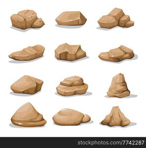 Cartoon brown rock stones and boulders, vector gravel and cobble. Rock stones or debris of rubble blocks, granite pebbles in piles and cracked mountain formation gravel pieces. Cartoon brown rock stones and boulders gravels