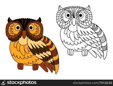 Cartoon brown short eared owl with barred wings and tail, second variant in outline style. Cartoon brown short eared owl