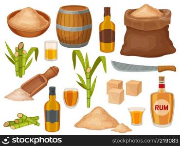 Cartoon brown sugar, rum bottles and sugarcane plant. Natural cane sugar industry. Granulated sweet product heap, spoon and sack vector set. Sack, barrel and sugar heaps for alcohol drink. Cartoon brown sugar, rum bottles and sugarcane plant. Natural cane sugar industry. Granulated sweet product heap, spoon and sack vector set